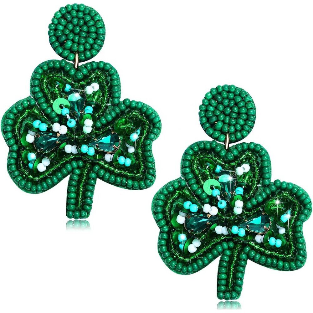 St. Patrick's Day Earrings Beaded Green Leaf Earring for Women Handmade Lucky Sh